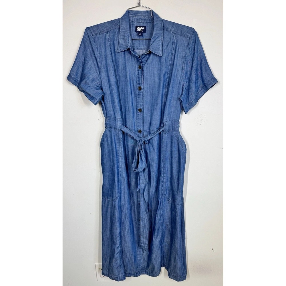 Lands' End Blue Button-Front Midi Shirt Dress